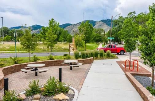 Outdoor patio tables, bike rack, and walkway